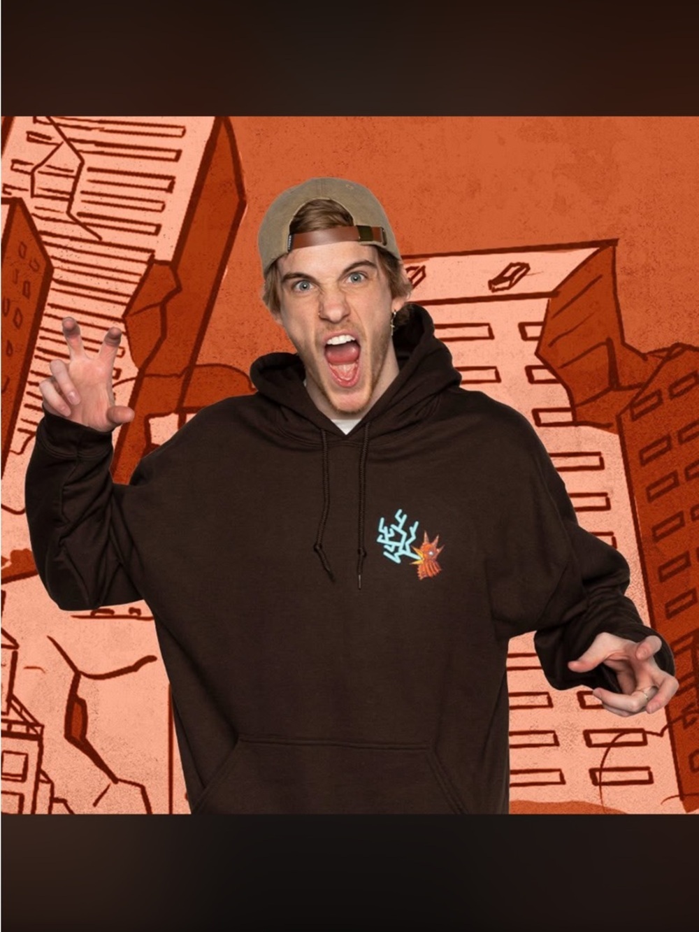 Men's Brown Graphic Pullover Hoodie with Small Chest Emblem